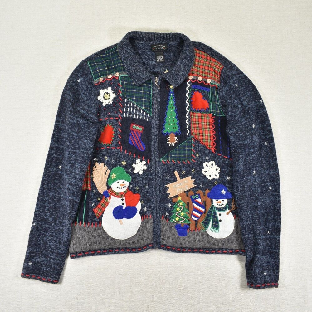 Vintage Ugly Christmas Sweater Cardigan Full Zip Snowman Patchwork Medium